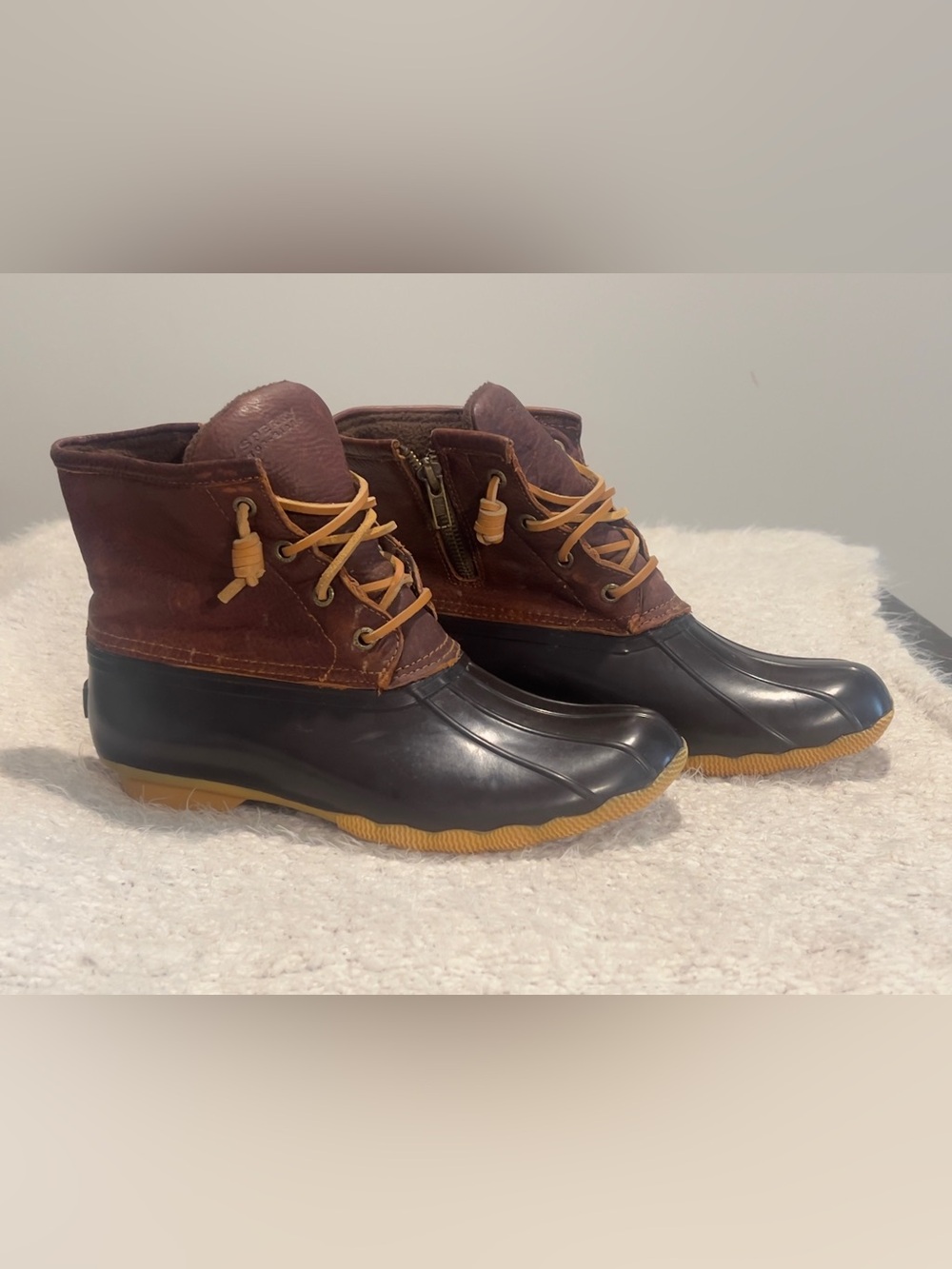 Sperry Brown Leather and Black Rubber Rain Duck Boots with Tan Laces